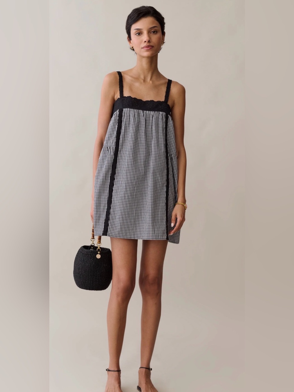 Few Moda Kourt Black & White Gingham Lace-Trim Mini Dress